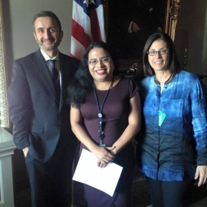 Raffi Freedman-Gurspan, the first out transgender staff member at the White House (in center) meets with Bernard Cherkasov, CEO of Equality Illinois, and Rebecca Isaacs, executive director of the Equality Federation.