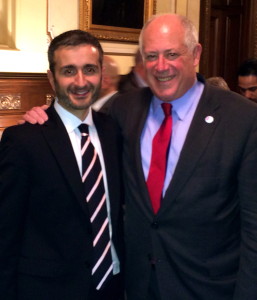 Illinois Gov. Pat Quinn and Equality Illinois CEO Bernard Cherkasov in the Executive Mansion after the marriage bill passed on Nov. 5, 2013